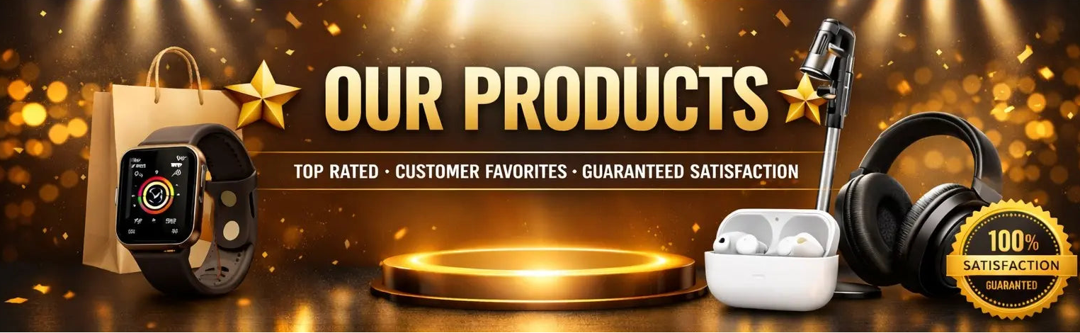 Promotional banner with 'Our Products' text, smartwatch, headphones, and other items on a gold background.