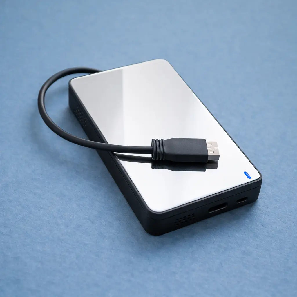 Portable hard drive with USB cable on a blue background