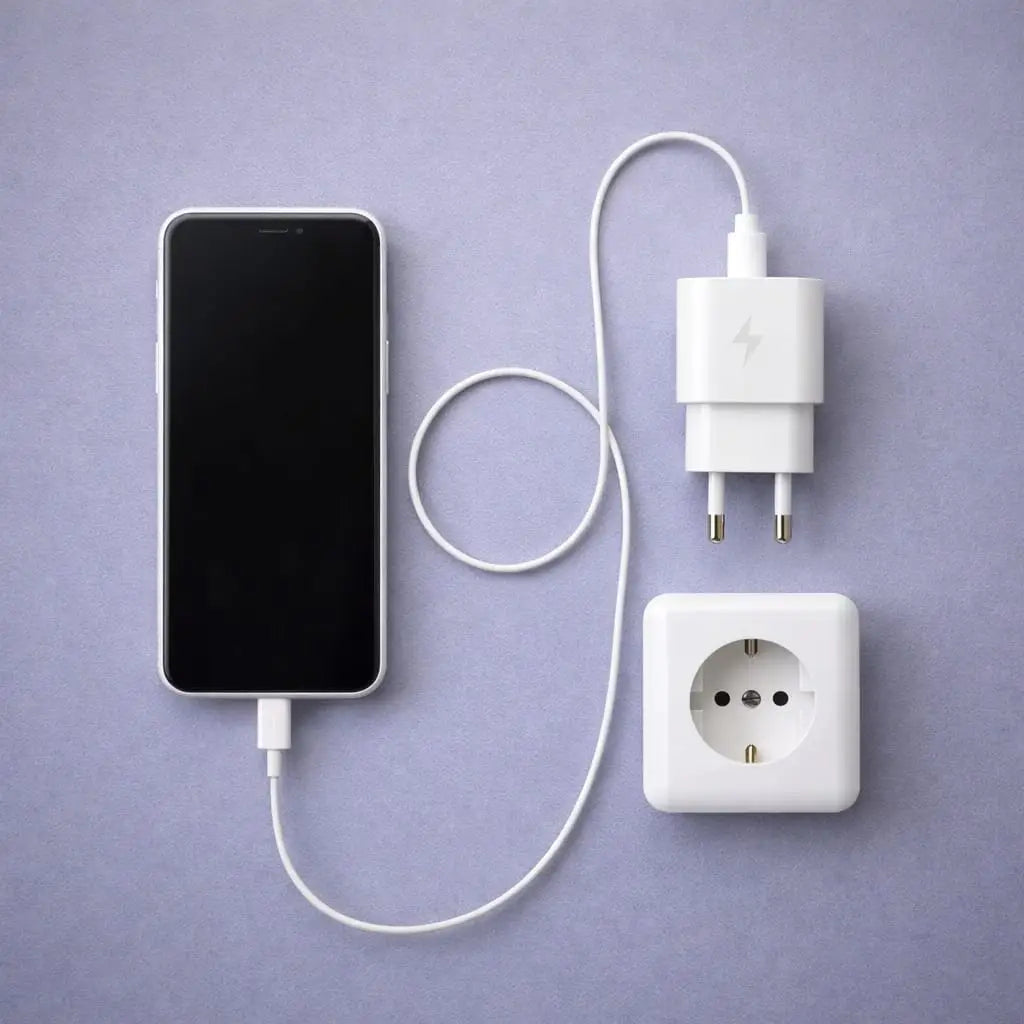 Smartphone, charging cable, adapter, and wall socket on a purple background