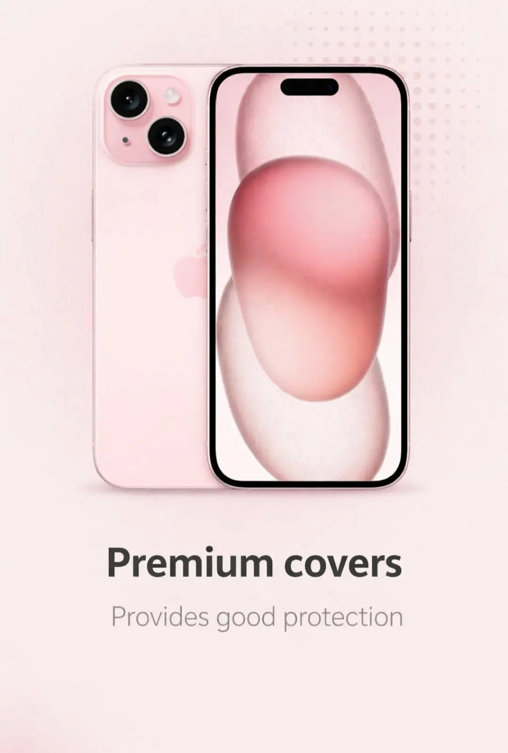 Smartphone with a pink gradient design on a matching pink background, labeled 'Premium covers'.