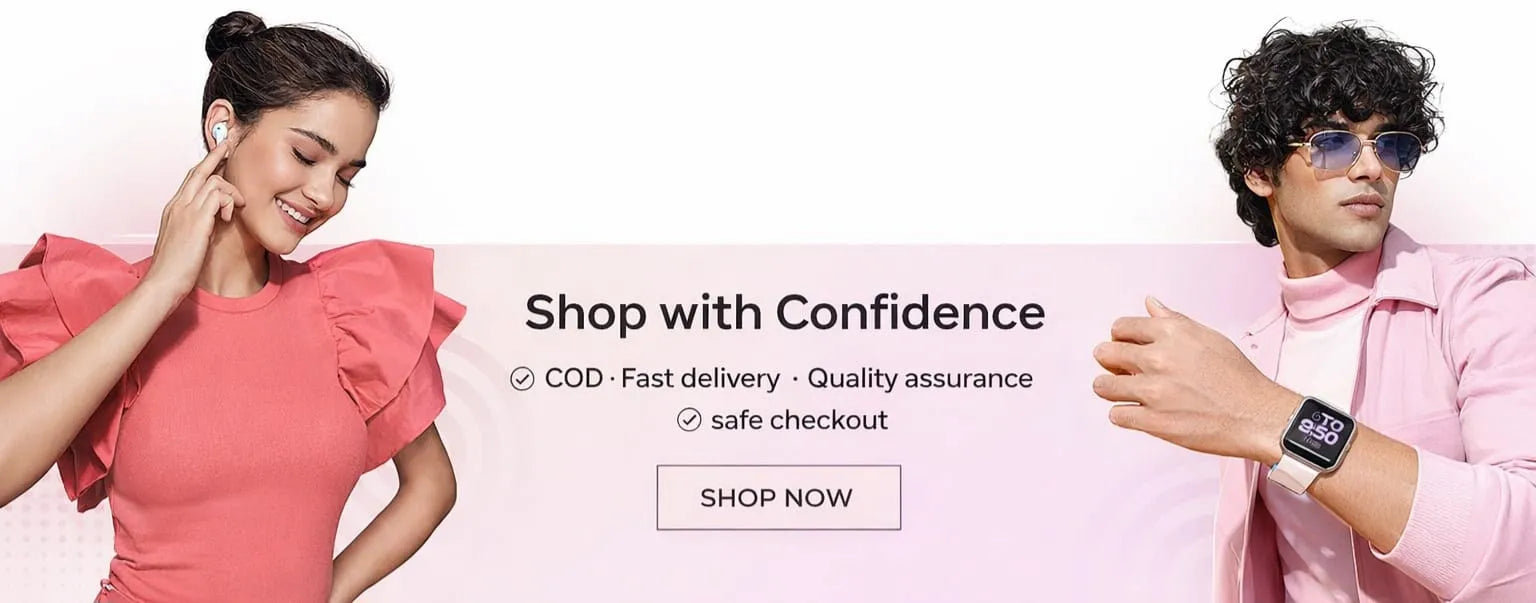 Two people, one in a pink dress and the other in a pink shirt with a watch, against a light pink background with text about shopping confidence.