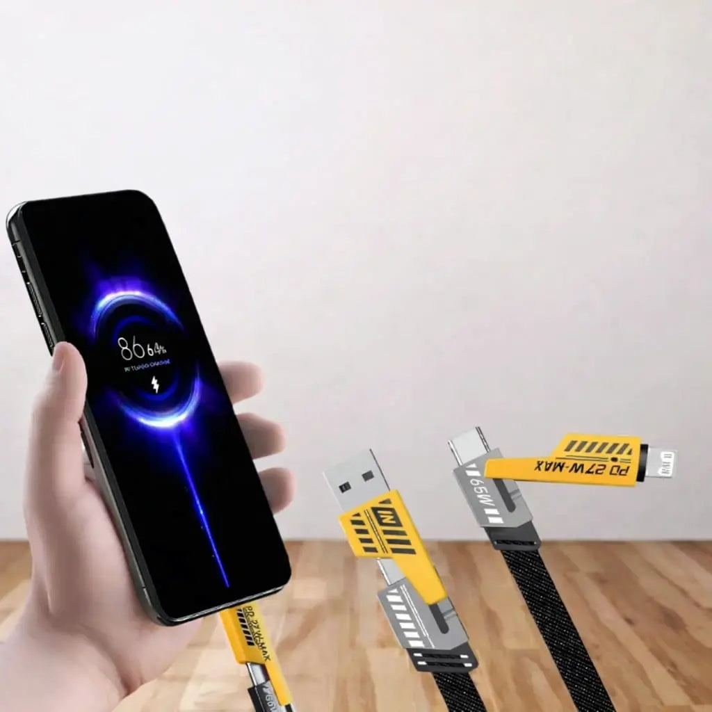 Hand holding a smartphone with two USB cables on a wooden surface