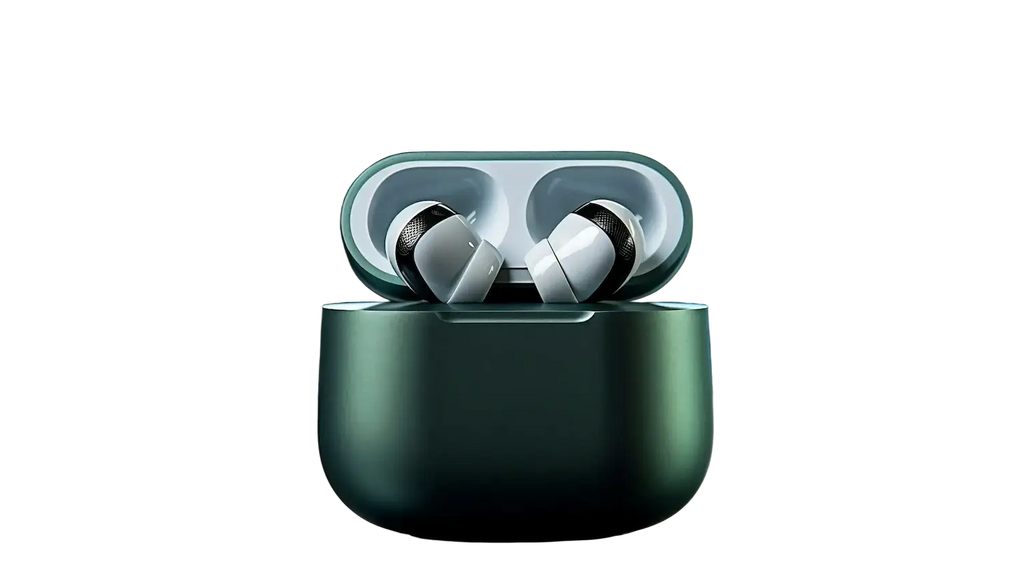 Green wireless earbuds in a charging case on a white background