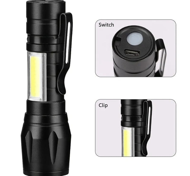 Portable LED Flashlight Mini Rechargeable Torch With Side Light & Waterproof Body