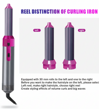 Purple and gray curling iron with text on a white background