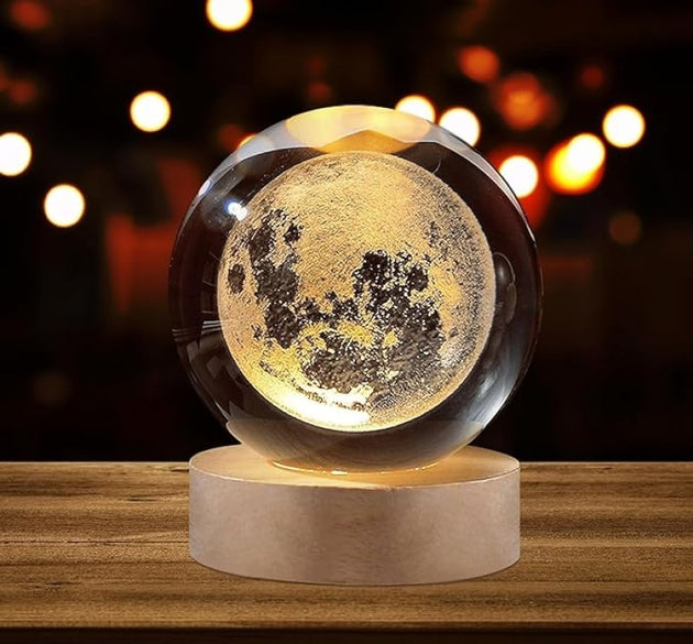 3D Galaxy Crystal Ball Lamp with Wooden LED Base – Decorative Night Light (Only Moon Shape)