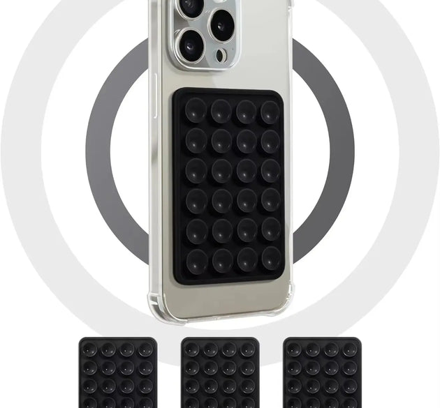 Phone holder with various suction cup designs on a white background
