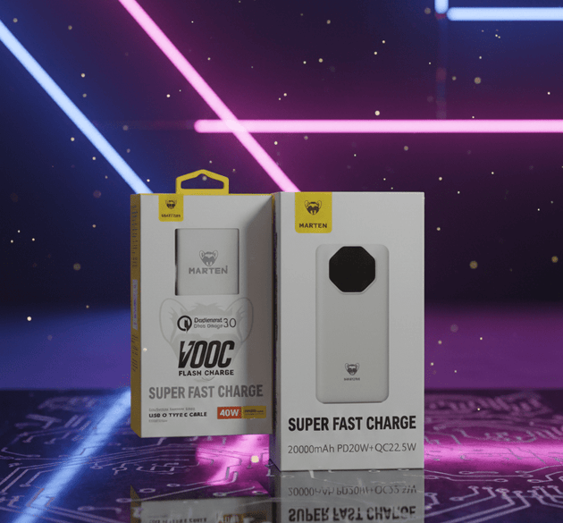 3-pcs Marten Power Bank, Charger & Charging Cable Super Fast Charge Set 20,000 mAh Power Bank & 38w Fast Charge