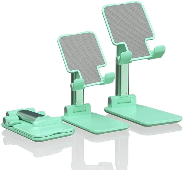 Multi-device stand holding a tablet and smartphone on a wooden surface with a blurred indoor background.