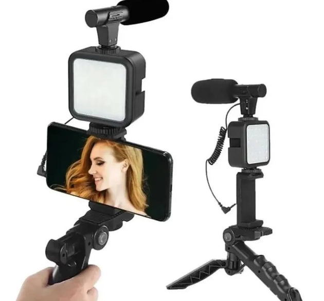AY-49 Vlogger Kit | Microphone, LED Fill Light, Mini Tripod & Mobile Holder