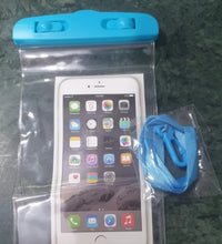 Clear phone pouch with blue strap and top cover on a textured surface