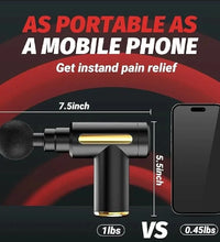 Pain relief device compared to a mobile phone in size and weight on a dark background.