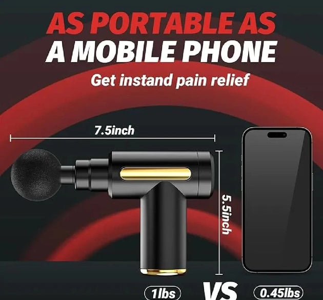Pain relief device compared to a mobile phone in size and weight on a dark background.
