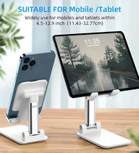 Multi-device stand holding a tablet and smartphone on a wooden surface with a blurred indoor background.