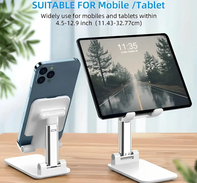 Multi-device stand holding a tablet and smartphone on a wooden surface with a blurred indoor background.