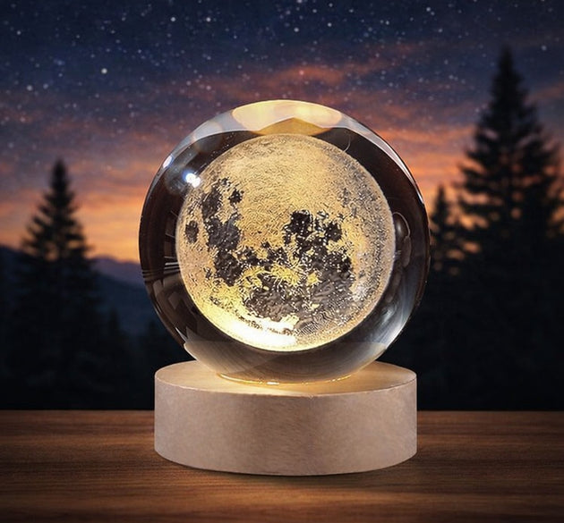 3D Galaxy Crystal Ball Lamp with Wooden LED Base – Decorative Night Light (Only Moon Shape)