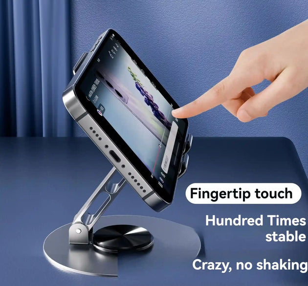 Metal swivel bracket for mobile phone or tablet on a blue background