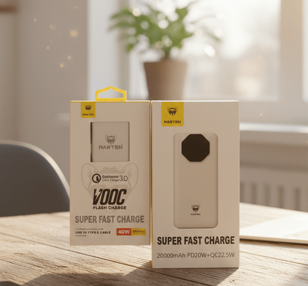 3-pcs Marten Power Bank, Charger & Charging Cable Super Fast Charge Set 20,000 mAh Power Bank & 38w Fast Charge
